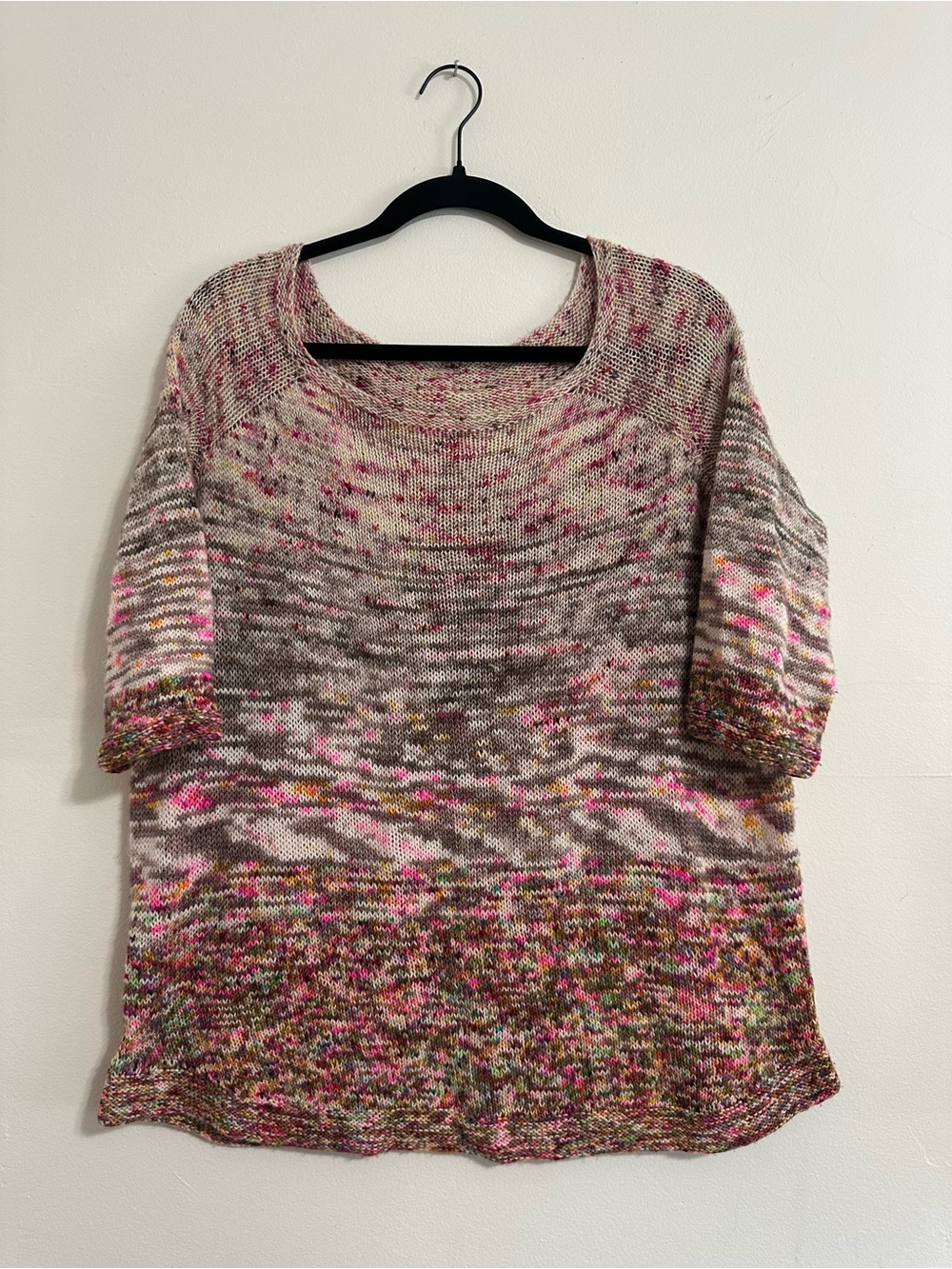 Hand Knit Merino Wool Sweater Speckled Ombre Short Sleeve Pullover OOAK